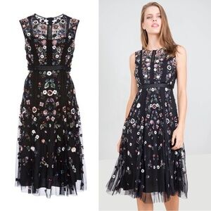 Needle & Thread • Floral Ombré Embellished Tulle Midi Dress black beaded